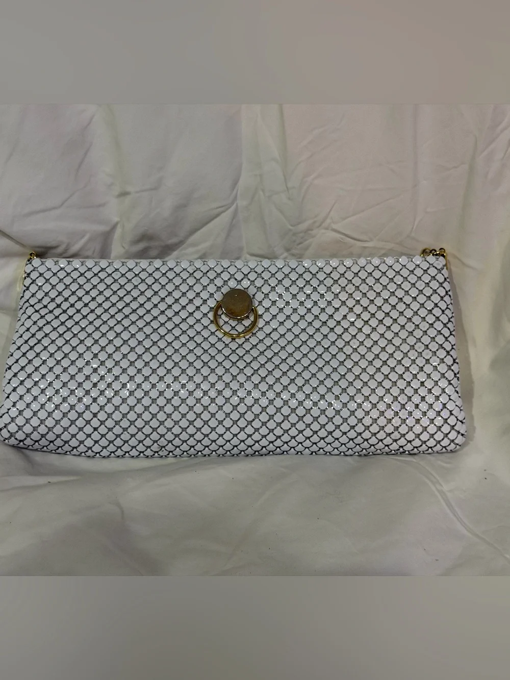 White Sequin Mesh Clutch with Gold Ring Accent